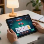 Engaging online blackjack gameplay on https://mm88vin.com/ tablet, showcasing personal strategy and cozy home setting.