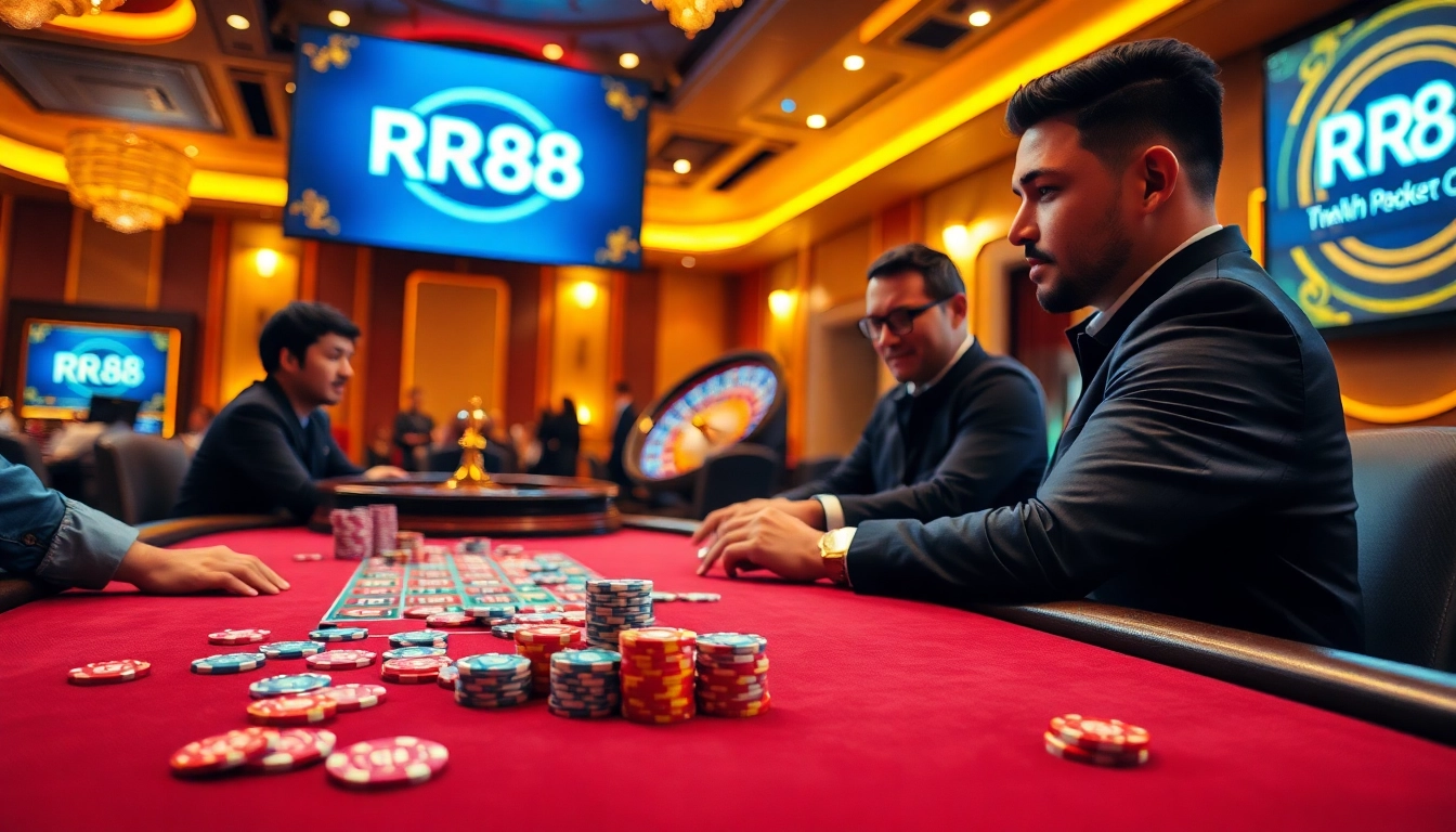 RR88 players engaging in an exciting casino game at a lavish poker table.