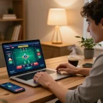 Player engaged in an online poker game on tg88 while sipping coffee in a cozy home office environment.