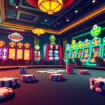 An immersive gaming scene showcasing F8BET's exciting casino experience with vibrant poker tables and bright slot machines.
