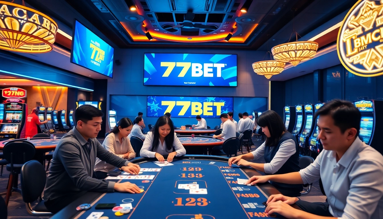 Engaging casino scene featuring players at 77bett.io, showcasing a vibrant and trusted online gambling experience.