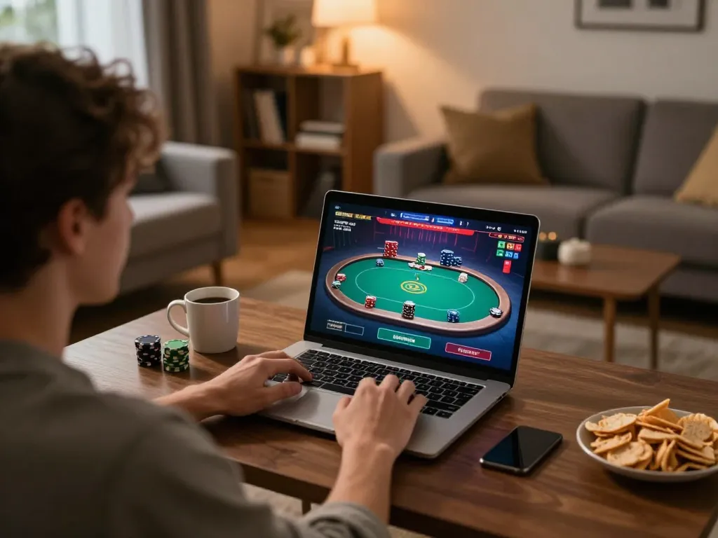 Engaged player exploring betting options on Jun88 com in a cozy home gaming setup.