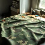 Bekijk camouflage print stoffen op een naaiktafel met kleurrijke garens en gereedschap.