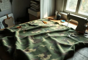 Bekijk camouflage print stoffen op een naaiktafel met kleurrijke garens en gereedschap.