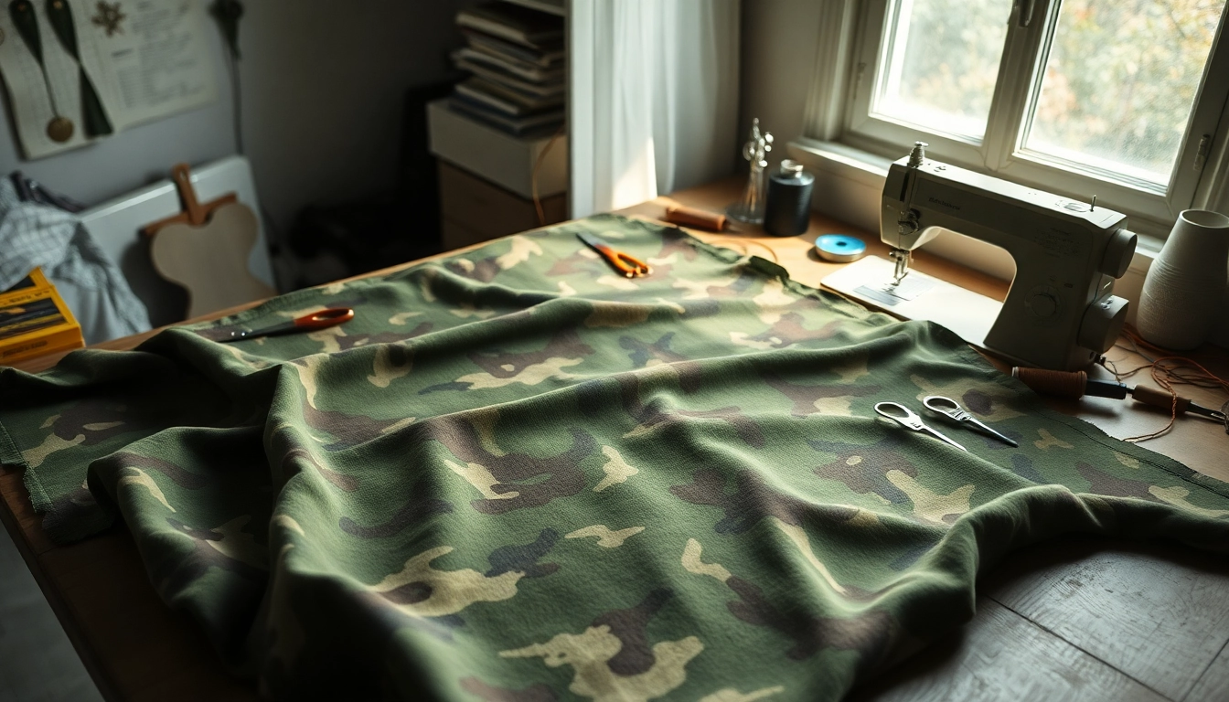 Bekijk camouflage print stoffen op een naaiktafel met kleurrijke garens en gereedschap.