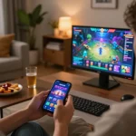 B52CLUB app on a smartphone during an engaging home gaming night, showcasing online gambling thrills.