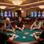 NHÀ CÁI MAX88 players engaged at a busy poker table with high-stakes excitement