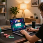 Player engaging in TT88 poker game online from a stylish desk with cozy warm lighting