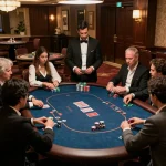 Players enjoying high-stakes poker at a VIP table, showcasing the elegance of 23wincom's luxury gaming experience.