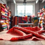 Bekijk uni katoen stof met rijke kleuren en texturen in een creatieve studio.