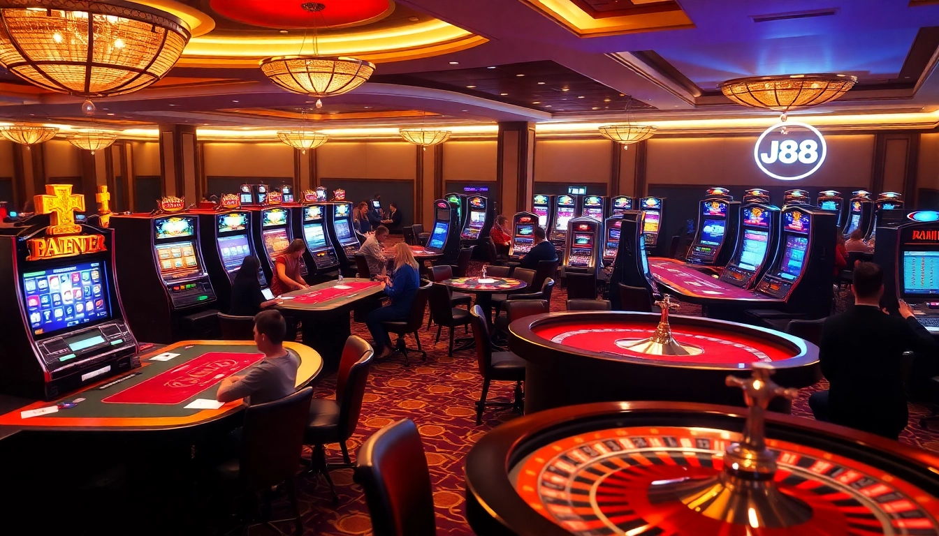 Experience the thrill of J88 gaming with players enjoying slot machines and casino tables.
