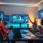 SBOBET's engaging online betting platform in a modern home office with vibrant sports displays.