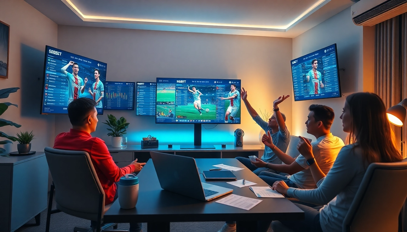 SBOBET's engaging online betting platform in a modern home office with vibrant sports displays.