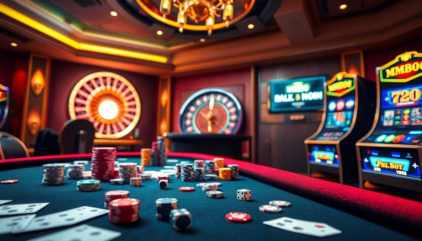 Experience the thrill of MM88 with vibrant casino visuals showcasing poker chips and roulette elements.