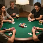 Players enjoying a thrilling poker night at home, engaging in strategic hands with kk44 chips scattered across the table
