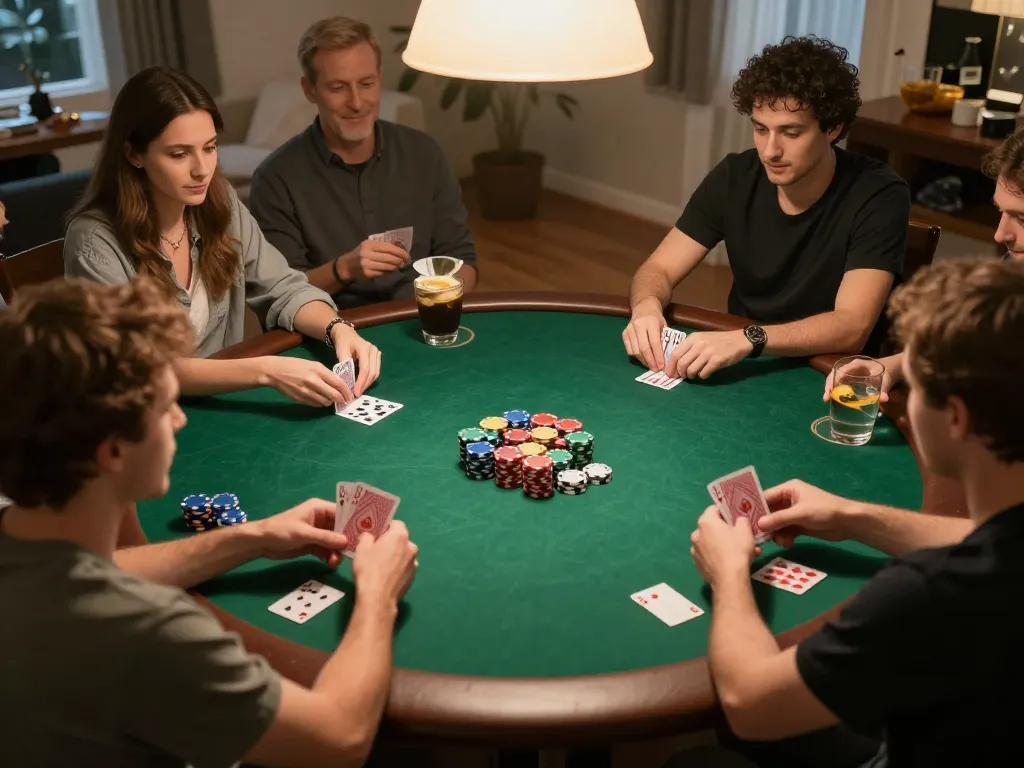 Players enjoying a thrilling poker night at home, engaging in strategic hands with kk44 chips scattered across the table