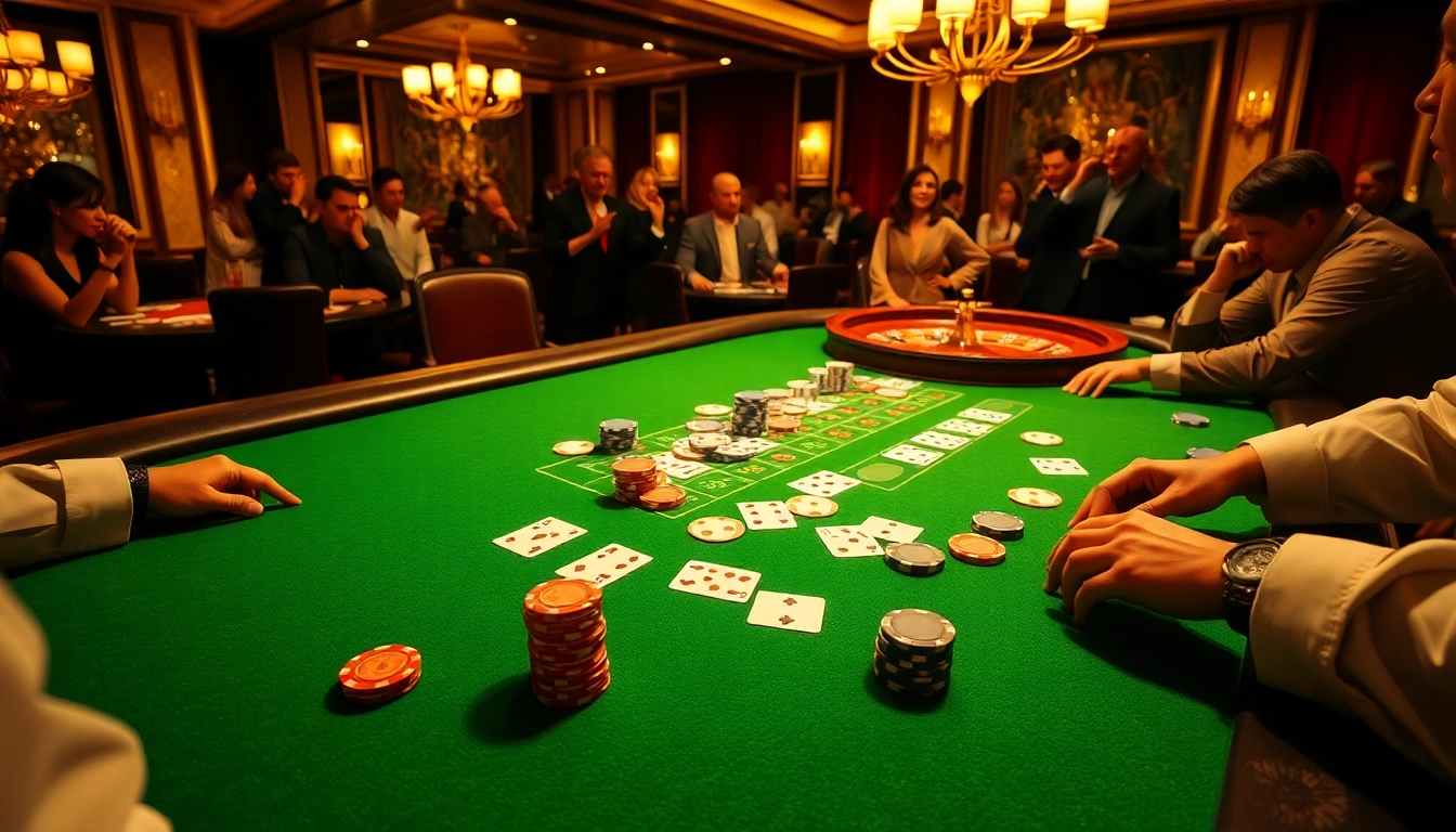 Exciting game bài scene featuring poker chips, cards, and a spinning roulette wheel.