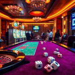 Excited gamblers engage with casino games and bets, featuring the link DEBET prominently on digital displays.
