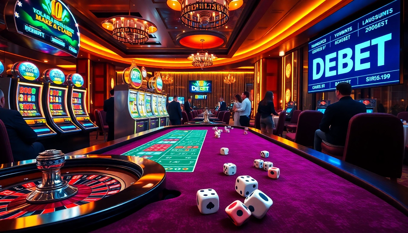 Excited gamblers engage with casino games and bets, featuring the link DEBET prominently on digital displays.