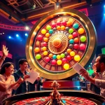 Excited players celebrating Kết quả xổ số during a thrilling lottery draw in a vibrant casino setting.