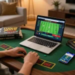 Betting enthusiast using laptop for nhà cái UU88, demonstrating responsible gaming and strategy.
