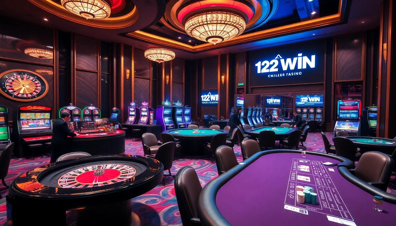 Players engage with vibrant slot machines and poker tables at nhà cái 123WIN, embodying excitement and luxury.
