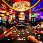 Players enjoying thrilling games at Jun88's luxurious casino, showcasing poker chips and vibrant slot machines.