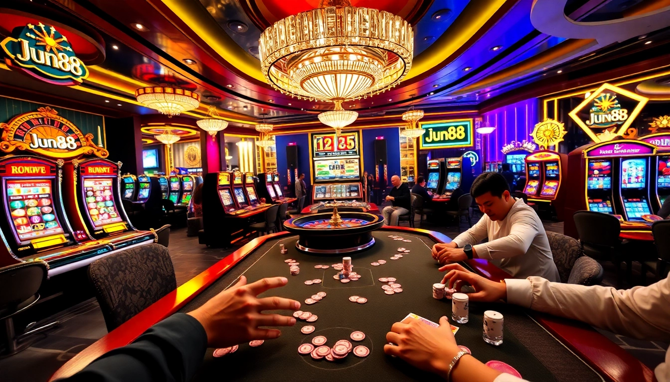Players enjoying thrilling games at Jun88's luxurious casino, showcasing poker chips and vibrant slot machines.