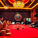 Engage in professional poker at rr88 linh, surrounded by vibrant slots and luxurious casino decor.