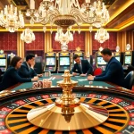 Exciting go8 poker action with vibrant colors, elegant casino atmosphere featuring roulette and chips.