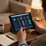 Engaged user browsing Link nhà cái Sky88 on a tablet for sports betting strategies.