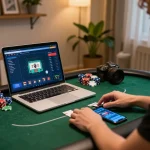 Nohu online poker game setup with colorful chips and cozy home atmosphere.
