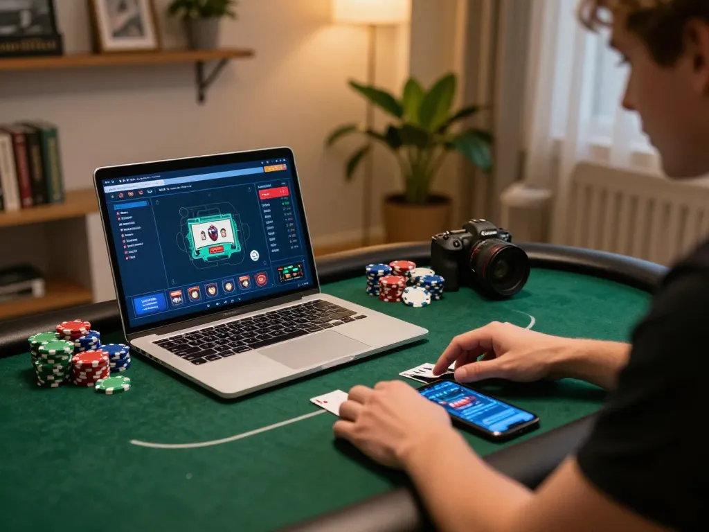 Nohu online poker game setup with colorful chips and cozy home atmosphere.