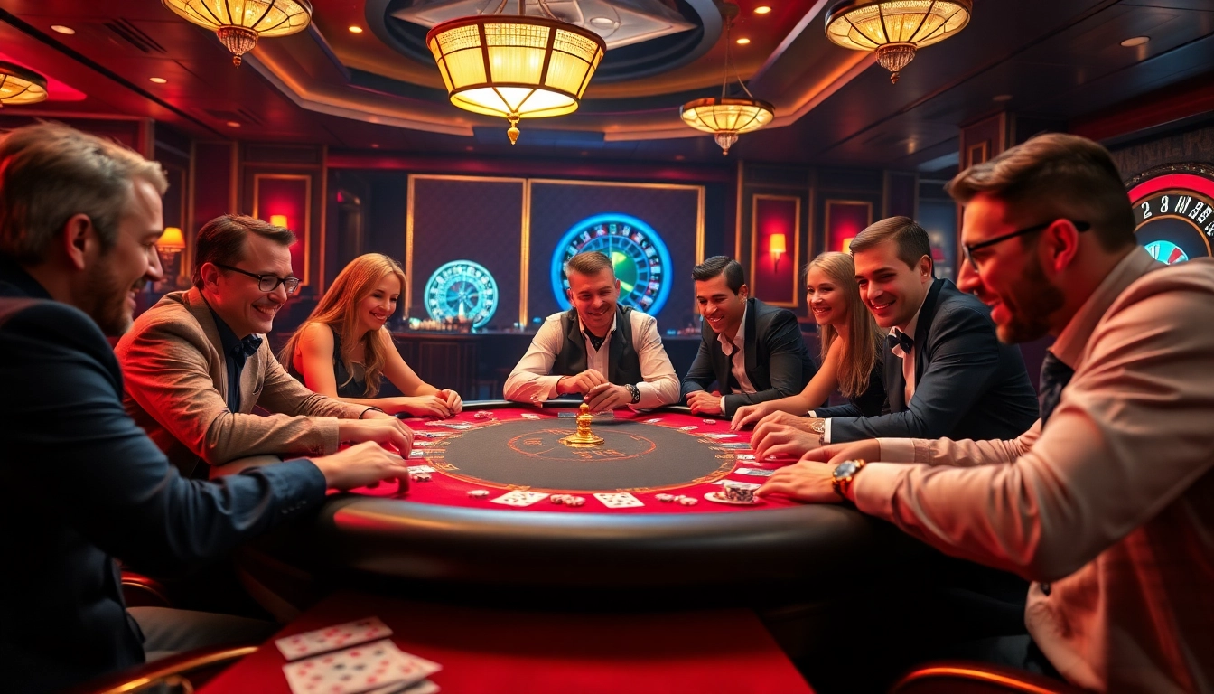 A thrilling B52 Club poker game scene with vibrant casino colors and excited players.