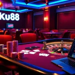 Experience the thrill of gambling at Ku88 with vibrant poker action and a rotating roulette wheel.