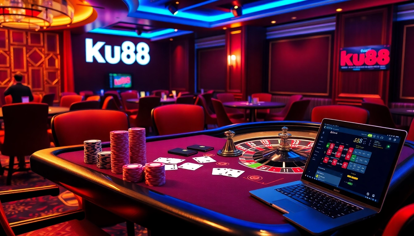 Experience the thrill of gambling at Ku88 with vibrant poker action and a rotating roulette wheel.