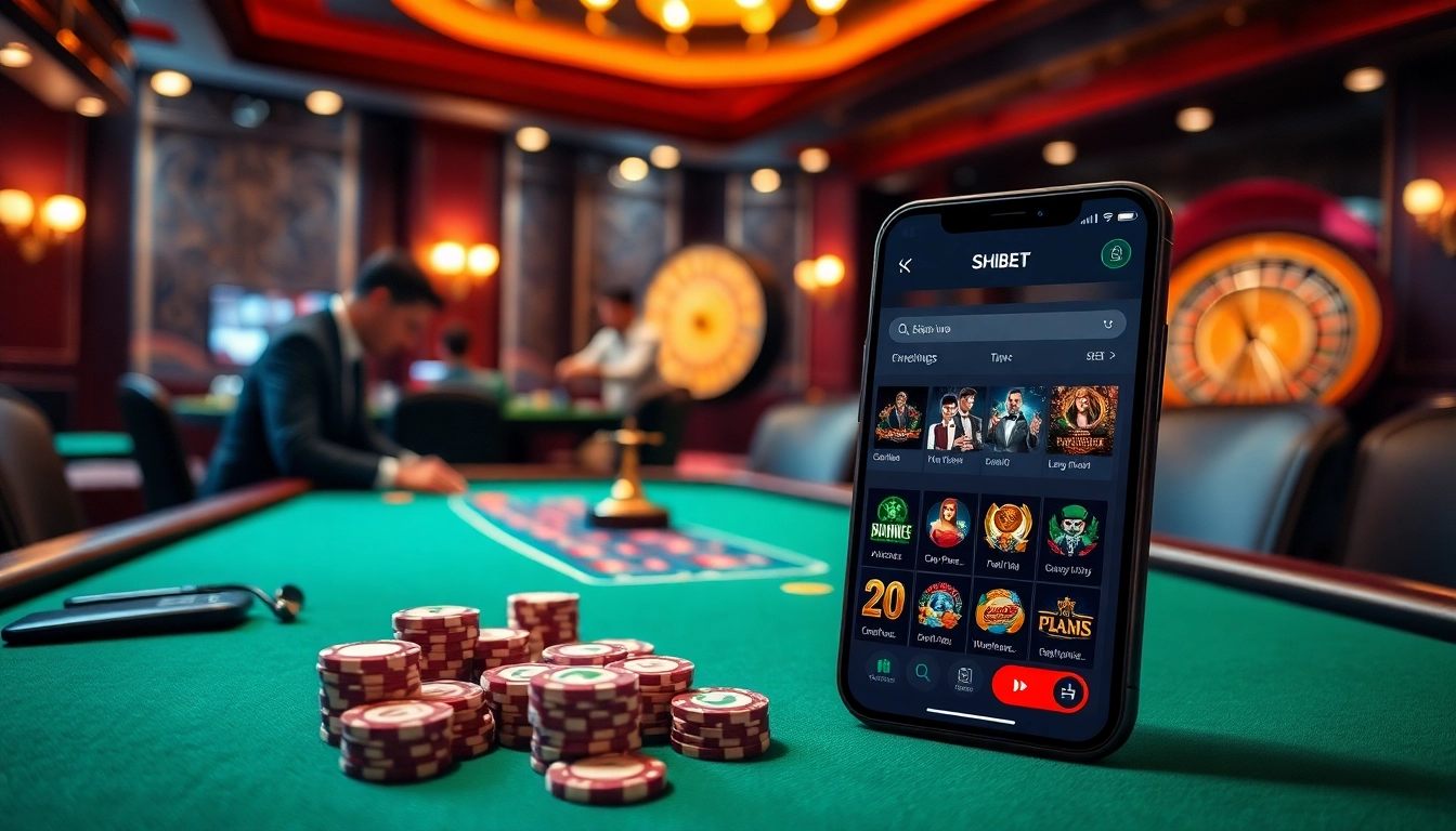 Experience the excitement of đăng ký SHBET with a dynamic casino scene featuring a poker table and roulette wheel.