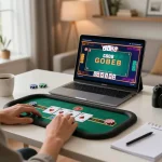Engaging in a go8 poker game on a tablet at home, showcasing strategic online gambling.