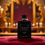 Proef de luxe van Musamam Black Intense by Lattafa met een elegante fles in een rijke setting.