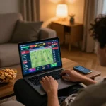 Engaged user placing bets on Five88 while watching a live sports event at home