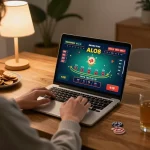 Person playing live dealer blackjack on ALO8 from home, showcasing engaging online casino experience.