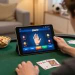 LLwin user strategizing during an online poker game on a tablet in a cozy home setting