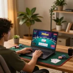Engaging online gambling experience at 789bet using laptop in a cozy home setup