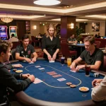 Red88 players enjoying strategic poker gameplay in a luxurious casino environment.