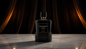 Experience the elegance of Musamam Black Intense by Lattafa in this striking bottle display.