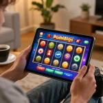 Player enjoying immersive online slots on vin88sa tablet in cozy home environment.