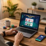 Engaging in online casino games with kp88 on a laptop while enjoying a cozy home setup