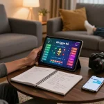 Engaging in 68 Game Bài online, showcasing strategy notes and cozy home atmosphere.