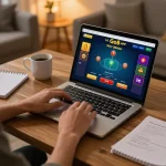 Engaged player using Go8 app at home for live blackjack, showcasing strategic gaming.