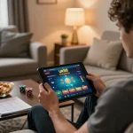 Engaging home gaming scene with a player using the Uk88 platform on a tablet, surrounded by betting strategies and snacks.